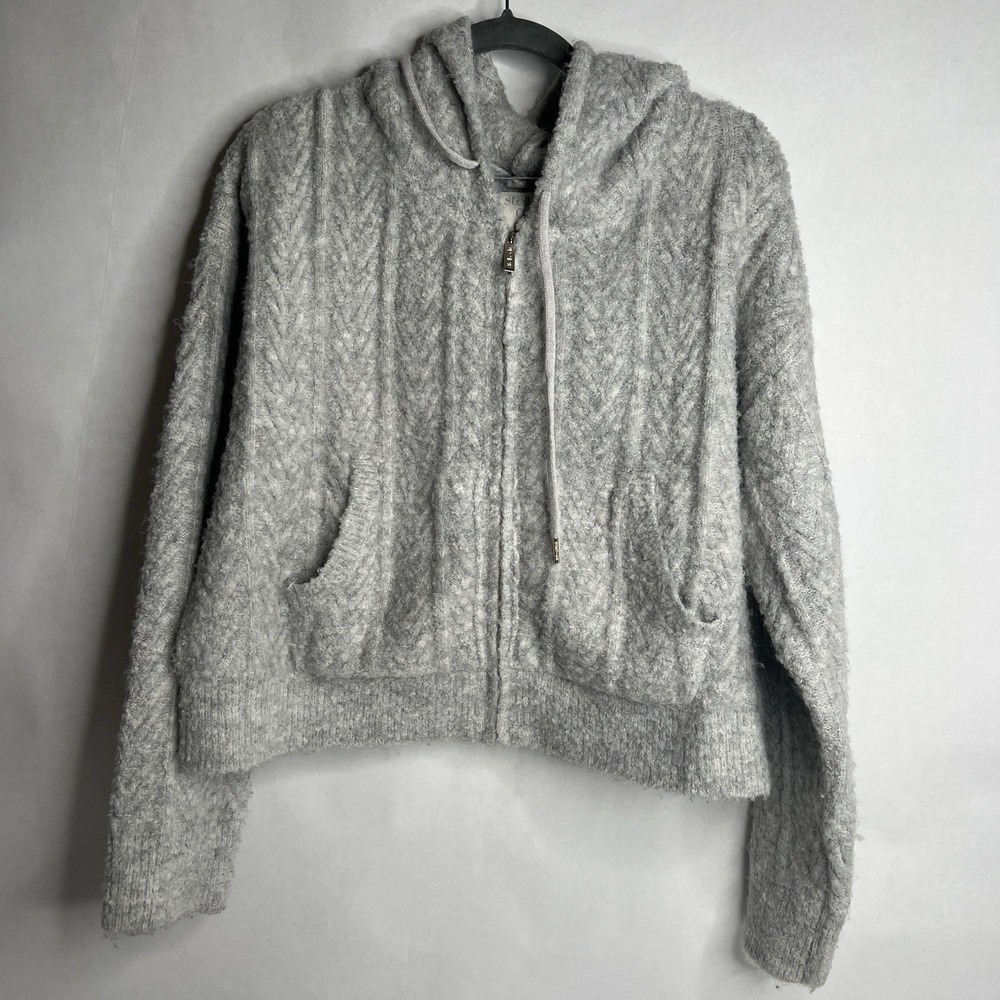 Stellae Dux Cable Knit Full Zip Hoodie Sweater Women L Gray $198 RF3K62S‎